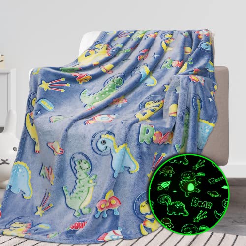 REXEO Glow in The Dark Blanket Dinosaur Gifts Toys for Boys Birthday Gifts for Kids 1 2 3 4 5 6 7 8 9 10 Year Old Kids Blanket Glowing Dinosaur Room Decor Blankets for Toddler - Image 1