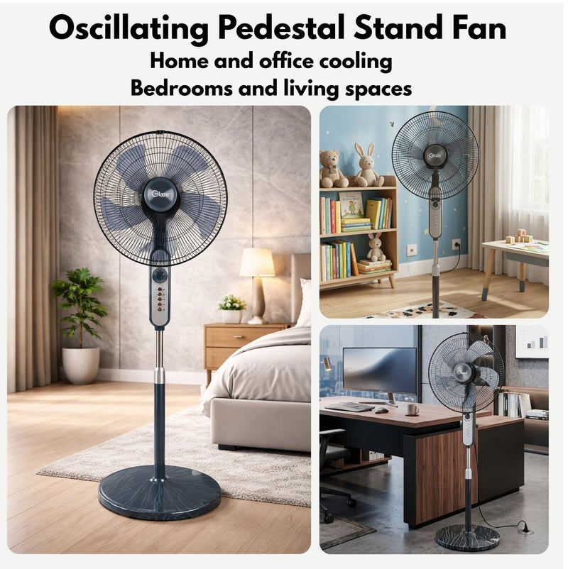 Glaze 16 Inch Stand Fan with Timer 60 Minutes, 4 Speed Control, 5 Blades Powerful Airflow, Adjustable Height, Wide Oscillation, Electric Floor Fan for Home Office Bedroom Cooling with 2 Years Warranty - Image 2