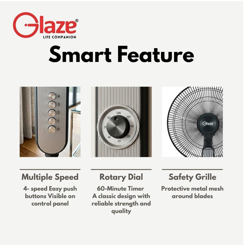 Glaze 16 Inch Stand Fan with Timer 60 Minutes, 4 Speed Control, 5 Blades Powerful Airflow, Adjustable Height, Wide Oscillation, Electric Floor Fan for Home Office Bedroom Cooling with 2 Years Warranty - Image 4