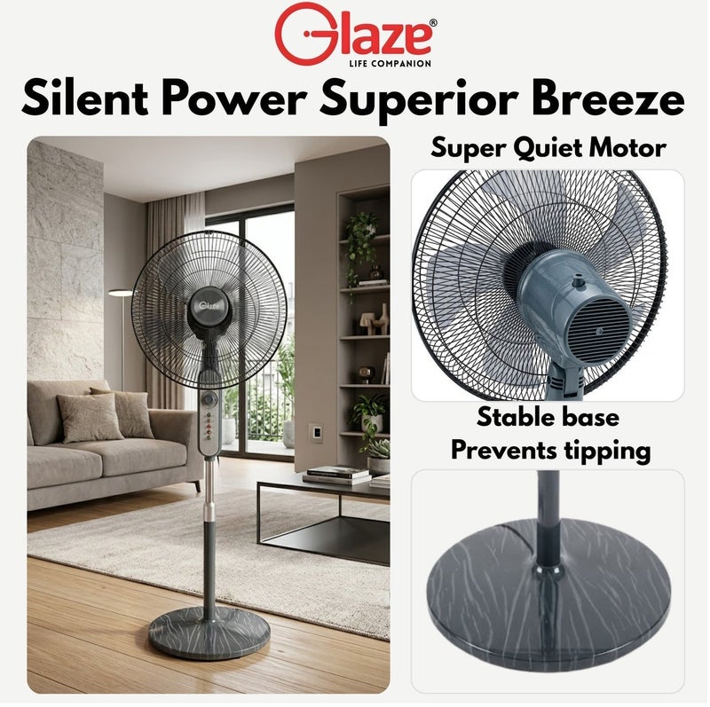 Glaze 16 Inch Stand Fan with Timer 60 Minutes, 4 Speed Control, 5 Blades Powerful Airflow, Adjustable Height, Wide Oscillation, Electric Floor Fan for Home Office Bedroom Cooling with 2 Years Warranty - Image 3