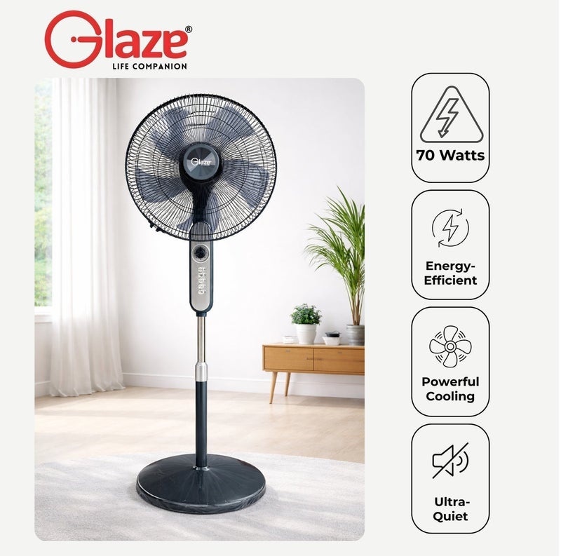 Glaze 16 Inch Stand Fan with Timer 60 Minutes, 4 Speed Control, 5 Blades Powerful Airflow, Adjustable Height, Wide Oscillation, Electric Floor Fan for Home Office Bedroom Cooling with 2 Years Warranty - Image 5