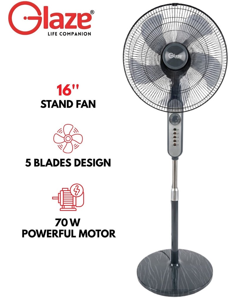 Glaze 16 Inch Stand Fan with Timer 60 Minutes, 4 Speed Control, 5 Blades Powerful Airflow, Adjustable Height, Wide Oscillation, Electric Floor Fan for Home Office Bedroom Cooling with 2 Years Warranty - Image 1