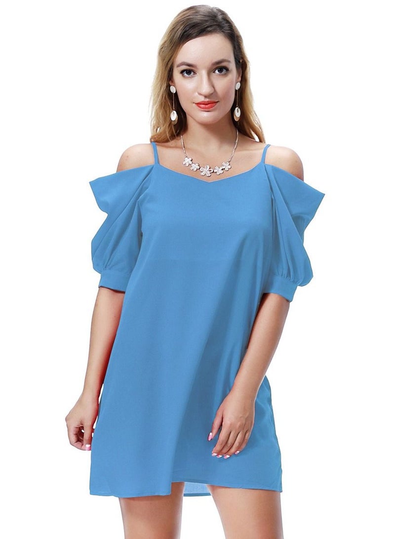 Loquat Women's Solid Color Off-Shoulder Mini Slip Dress Lake Blue