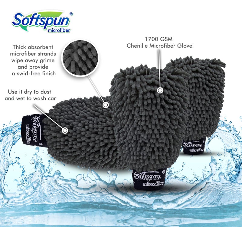 SOFTSPUN Microfiber Double Side Chenille Mitt, 3 Piece Set 1700 GSM Grey. Multi-Purpose Super Absorbent and Perfect Wash Clean with Lint-Scratch Free Cars, Window, Kitchen, Home Dusting! - Image 4