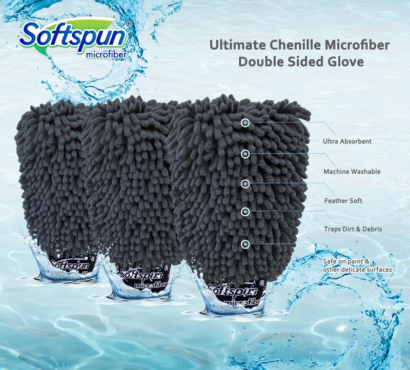 SOFTSPUN Microfiber Double Side Chenille Mitt, 3 Piece Set 1700 GSM Grey. Multi-Purpose Super Absorbent and Perfect Wash Clean with Lint-Scratch Free Cars, Window, Kitchen, Home Dusting! - Image 3