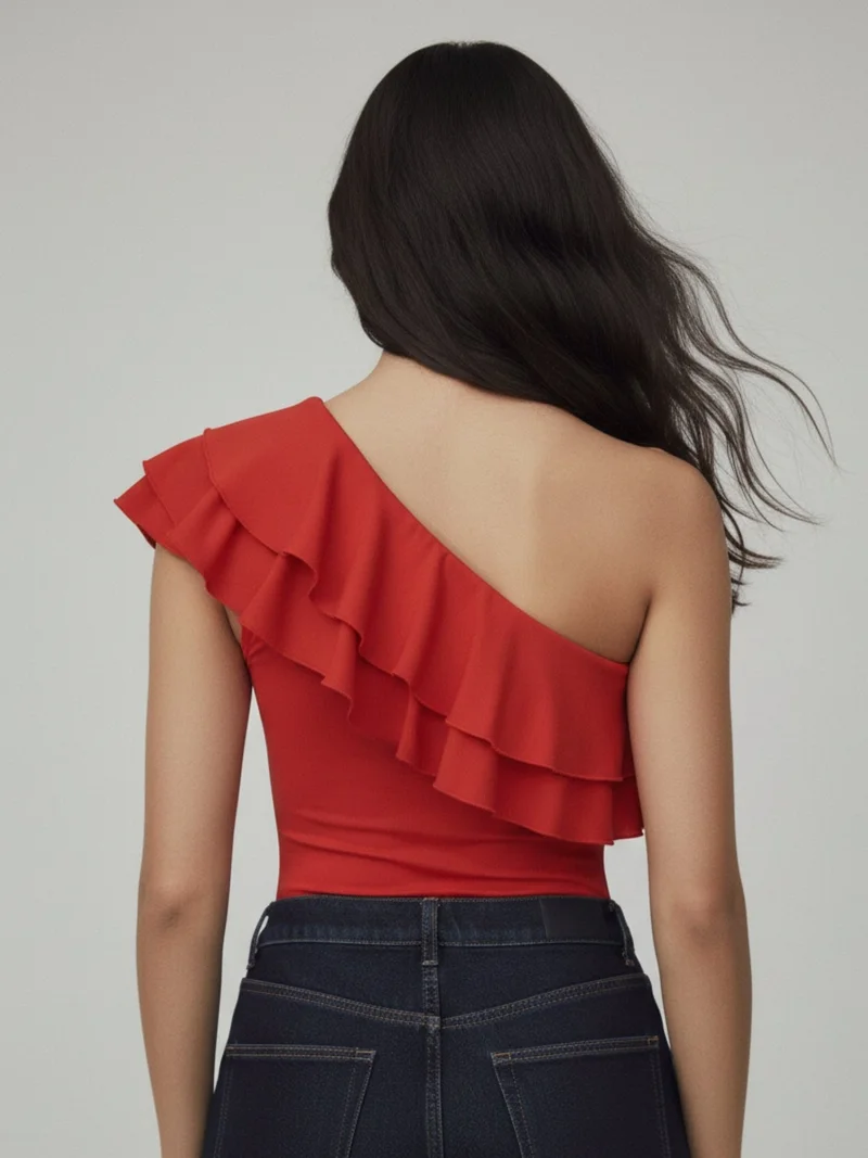 Outzidr  Red One Shoulder Ruffled Top  | Best Price UAE