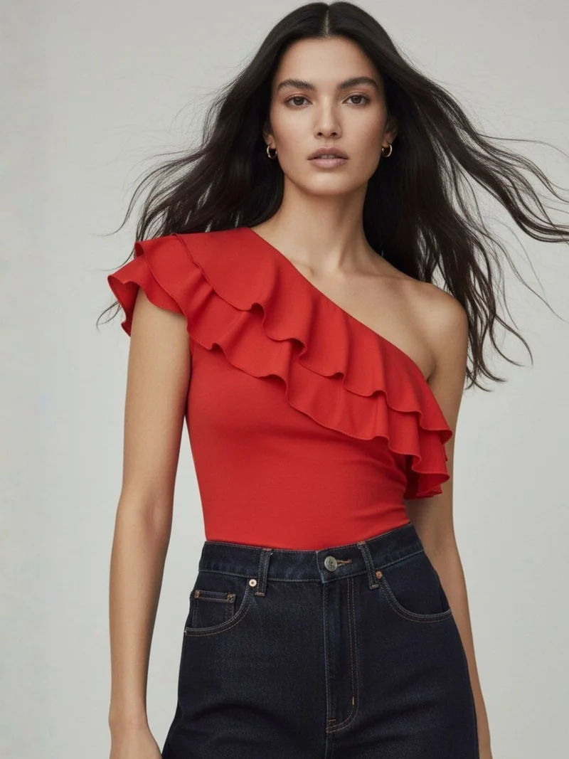 Outzidr  Red One Shoulder Ruffled Top  | Best Price UAE