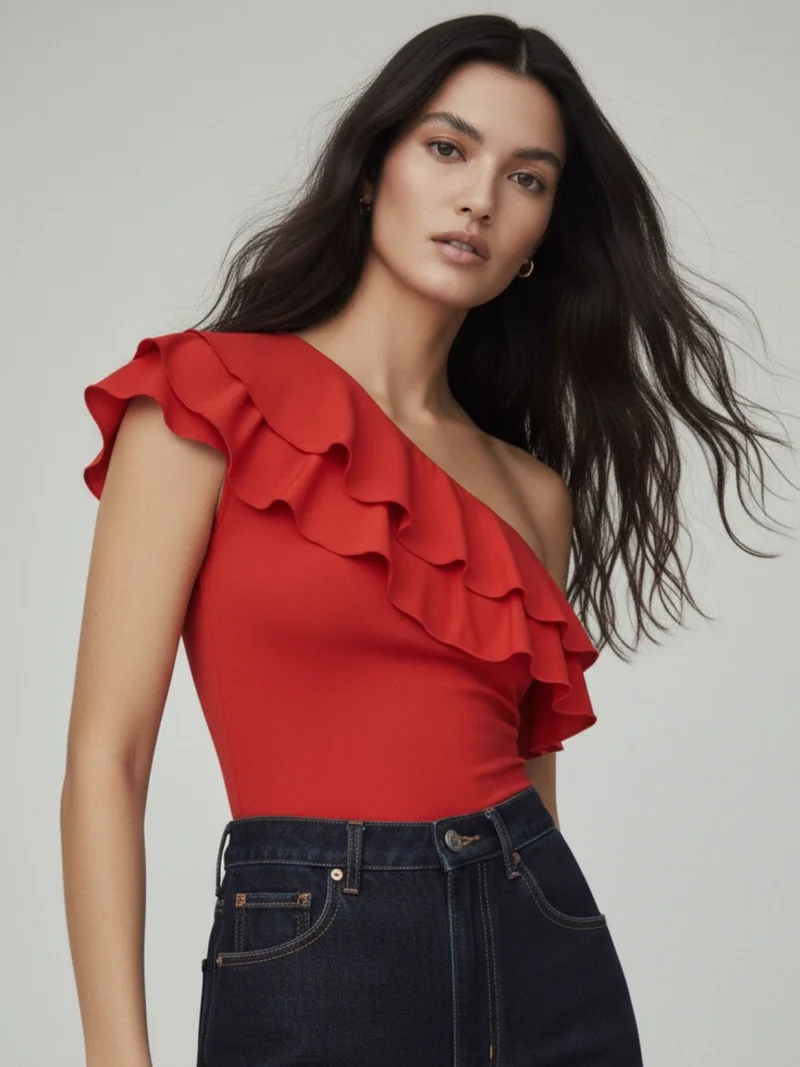 Red One Shoulder Ruffled Top