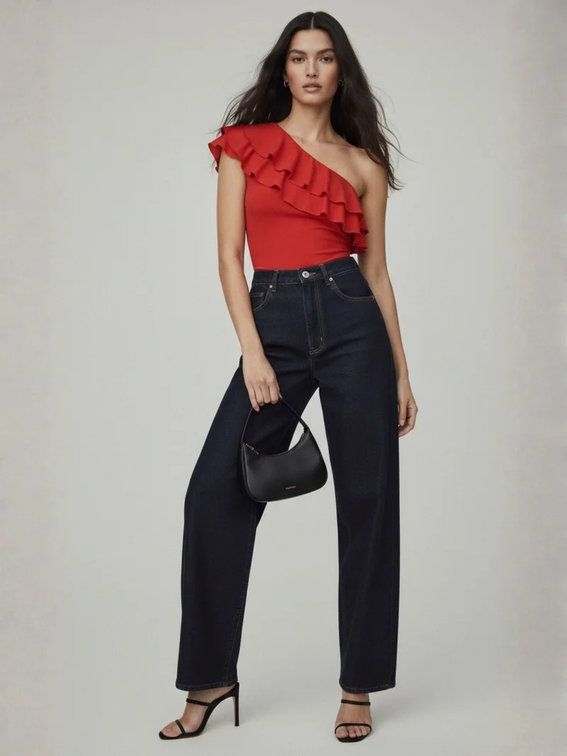 Outzidr  Red One Shoulder Ruffled Top  | Best Price UAE