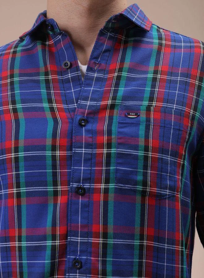 The Indian Garage Co Men Slim Fit Checkered Full Sleeves Cutaway Collar Casual Shirt