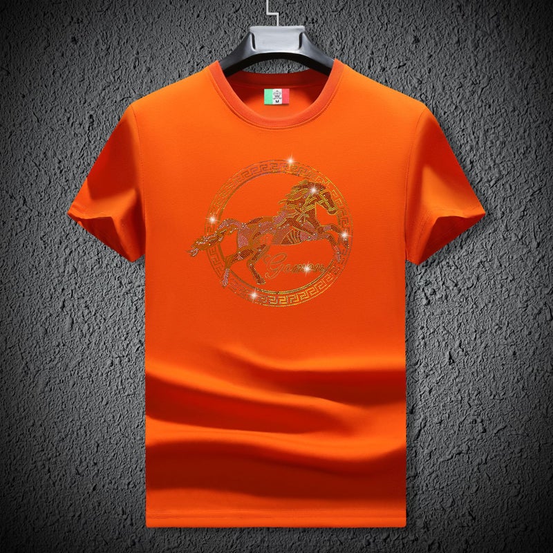 European Summer Mercerized Cotton Round Neck Diamond Gold Shirt Horse Short-Sleeved Fashion Trendy Slim T-Shirt Stretch Half-Sleeved Men'S T-Shirt - Image 1