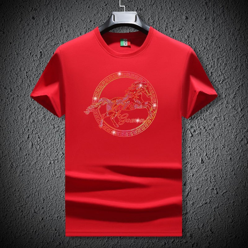 European Summer Mercerized Cotton Round Neck Diamond Gold Shirt Horse Short-Sleeved Fashion Trendy Slim T-Shirt Stretch Half-Sleeved Men'S T-Shirt - Image 4