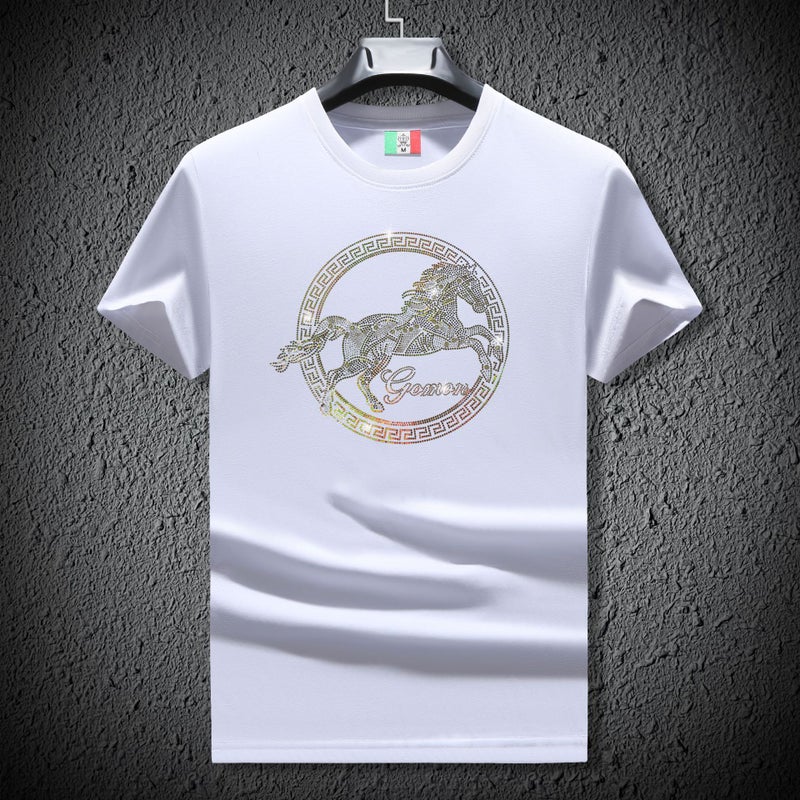 European Summer Mercerized Cotton Round Neck Diamond Gold Shirt Horse Short-Sleeved Fashion Trendy Slim T-Shirt Stretch Half-Sleeved Men'S T-Shirt - Image 2