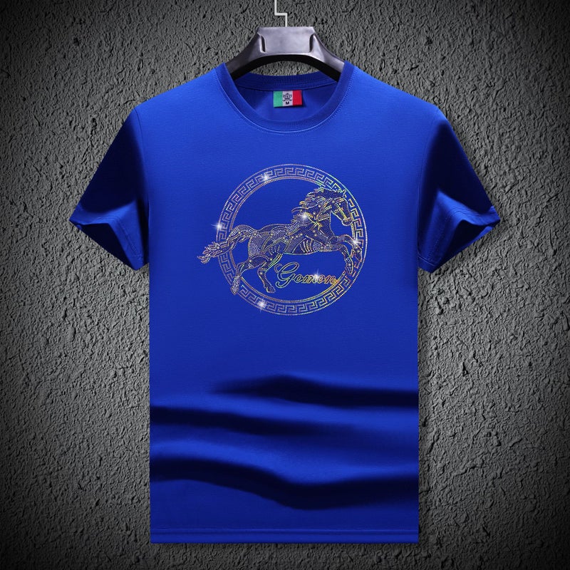 European Summer Mercerized Cotton Round Neck Diamond Gold Shirt Horse Short-Sleeved Fashion Trendy Slim T-Shirt Stretch Half-Sleeved Men'S T-Shirt - Image 5