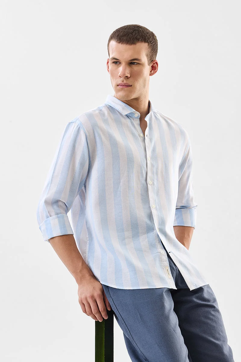 SNITCH قميص بياقة عادية بنقشة خطوط من مزيج الكتان