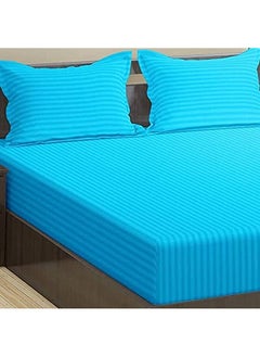 Trance Home Linen Trance Home Linen 100% Cotton 78x72 inch King Fitted 200TC Satin Stripe Elastic Fitted Bedsheet | Bedroom Hotels Daily Use Fitted Bedspread with 2 Pillow Covers (78"x72" | 6.5x6 feet, Aqua Blue)  - Image 2