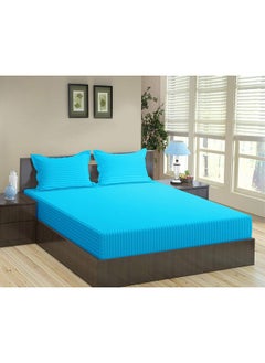 Trance Home Linen Trance Home Linen 100% Cotton 78x72 inch King Fitted 200TC Satin Stripe Elastic Fitted Bedsheet | Bedroom Hotels Daily Use Fitted Bedspread with 2 Pillow Covers (78"x72" | 6.5x6 feet, Aqua Blue)  - Image 1