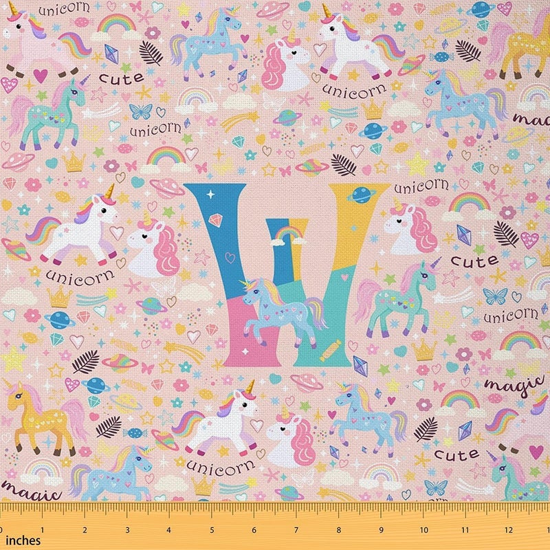 Erosebridal Monogram Unicorn Fabric By The Yard for Chairs, Pink Unicorn Rainbow Floral 3 Yards Upholstery Fabric, Customized Letter W Waterproof Fabrics, Colorful Galaxy Pillows Cushions Decor - Image 1