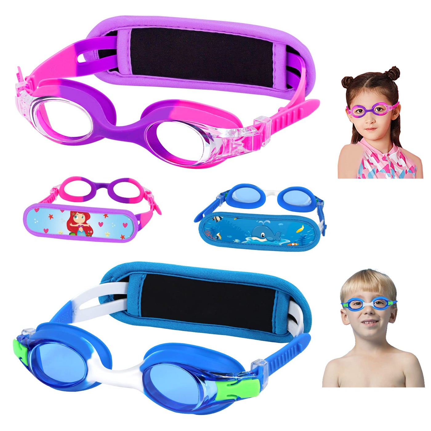 Vvinca Toddler Swim Goggles, 2 Packs Kids Goggles with Fabric Strap Cover No Tangle Hair, Clear View Anti-Fog Leakproof Water Pool Swimming Goggles for Girls Boys Little Swimmer Age 3-8