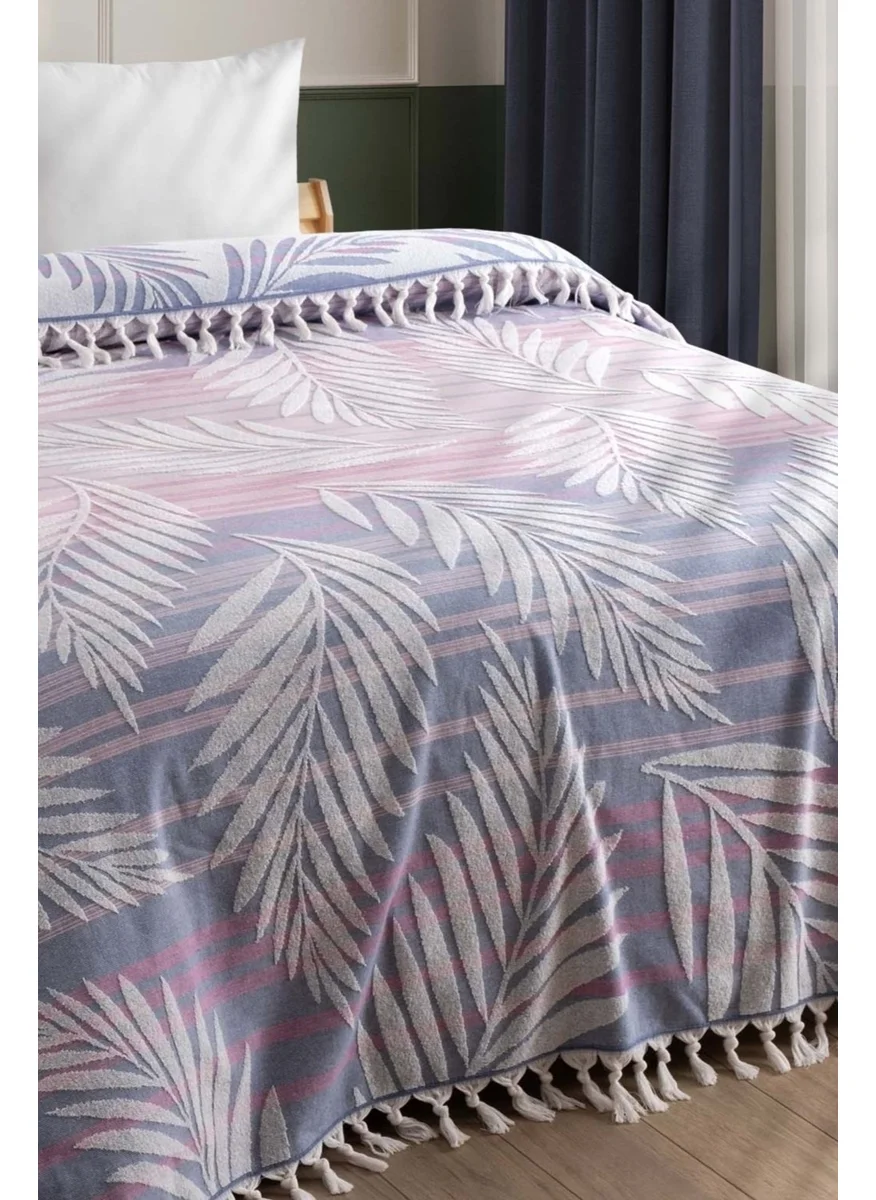 Sevim cotton towel (fringe boucle) bedspread - double & leaf patterned tassel bedspread - burgundy striped indigo