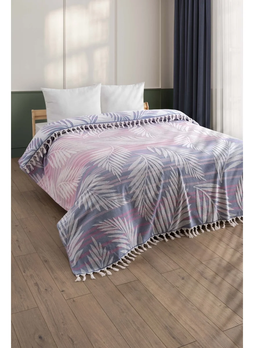 Sevim cotton towel (fringe boucle) bedspread - double & leaf patterned tassel bedspread - burgundy striped indigo