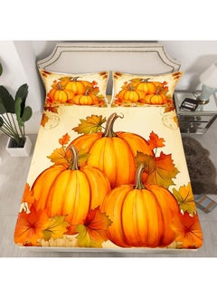 Erosebridal Erosebridal Fall Pumpkin King Sheets Autumn Harvest Bed Set, Vintage Watercolor Style Bed Sheets Set Maple Leaf Sheet Set, Happy Thanksgiving Bedding Set Orange Beige  - Image 2