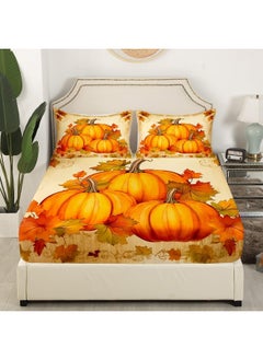 Erosebridal Erosebridal Fall Pumpkin King Sheets Autumn Harvest Bed Set, Vintage Watercolor Style Bed Sheets Set Maple Leaf Sheet Set, Happy Thanksgiving Bedding Set Orange Beige  - Image 3