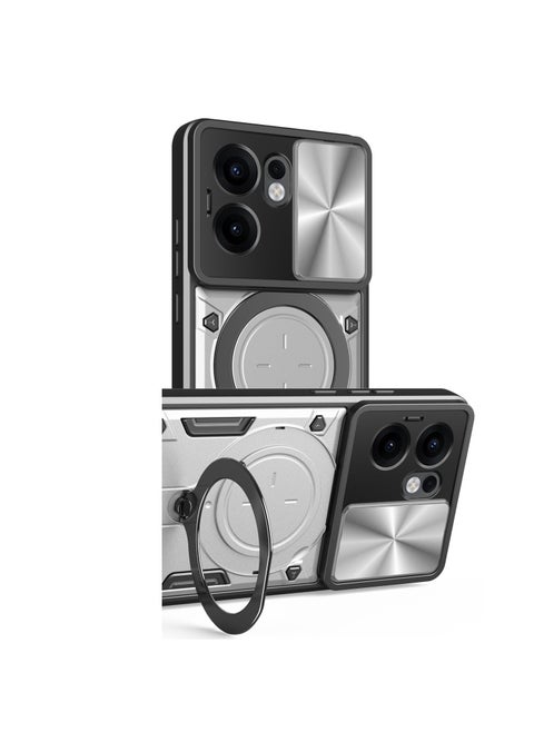 جراب حمايه مقاوم للصدمات وحمايه للكاميرا مزود بدبله معدنيه سي دي متوافق مع Oppo Reno 13F (فضي)