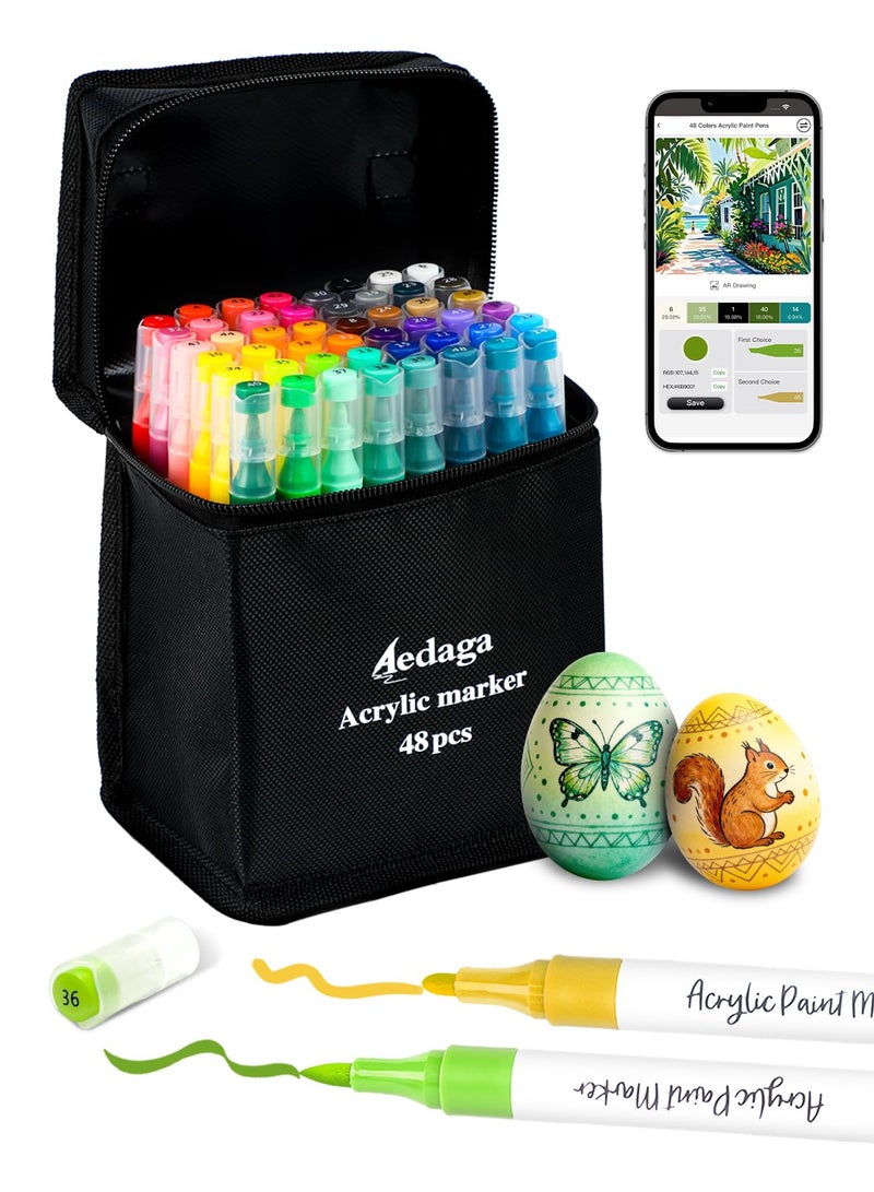 YHC 48 Colors Acrylic Paint Markers with Free App, Dual Brush & Fine Tip Acrylic Paint Set for Adults Coloring, Paint Pens for Eggs, Wood, Rock, Canvas, Fabric, Plastic, Stone, Glass, Ceramic,DIY Crafts - Image 1