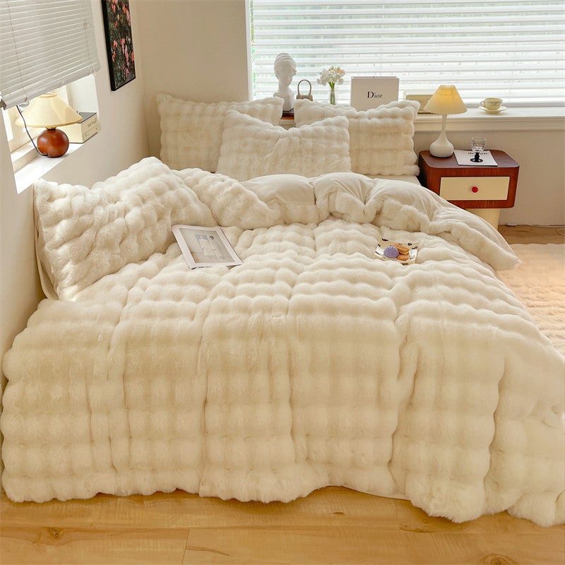 CME Winter Rabbit Plush Four-Piece Bedding Set, Warm Milk Velvet Duvet Cover, Thickened Bed Sheets and Mattress Cover - Image 5