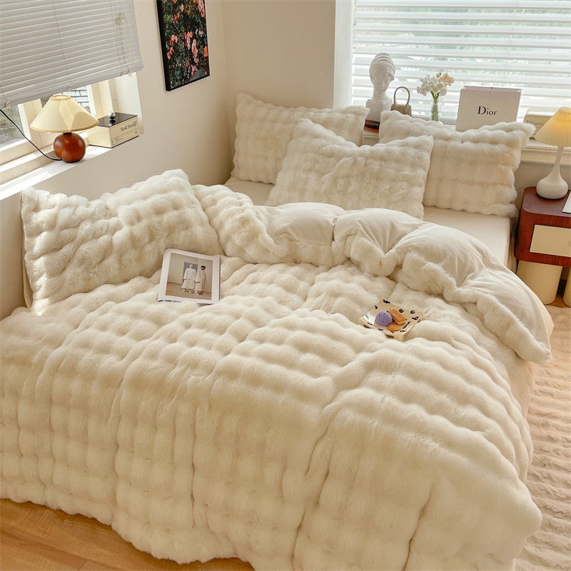 CME Winter Rabbit Plush Four-Piece Bedding Set, Warm Milk Velvet Duvet Cover, Thickened Bed Sheets and Mattress Cover - Image 4