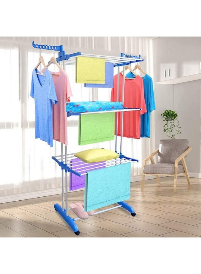 منشر غسيل رف كبير متعدد الوظائف وقابل للطي 3 طبقات بتصميم قابل للتعديل مع عجلات دوارة واجنحة شماعات للاستخدام الداخلي والخارجي , استانلس ستيل مقاوم للصدأ - Image 3