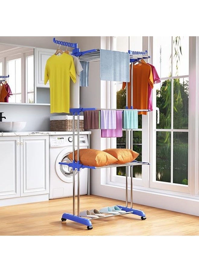 منشر غسيل رف كبير متعدد الوظائف وقابل للطي 3 طبقات بتصميم قابل للتعديل مع عجلات دوارة واجنحة شماعات للاستخدام الداخلي والخارجي , استانلس ستيل مقاوم للصدأ - Image 1