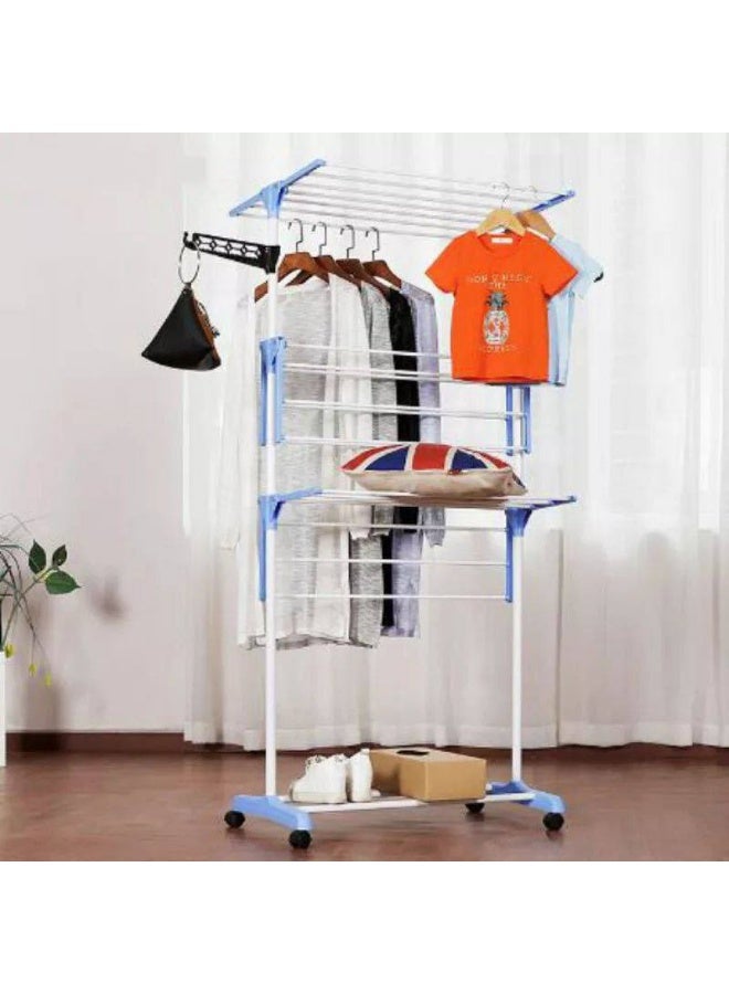 منشر غسيل رف كبير متعدد الوظائف وقابل للطي 3 طبقات بتصميم قابل للتعديل مع عجلات دوارة واجنحة شماعات للاستخدام الداخلي والخارجي , استانلس ستيل مقاوم للصدأ - Image 5