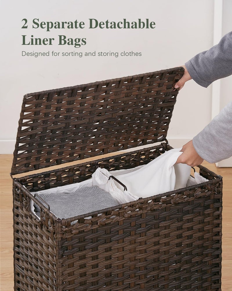 SETVSON Laundry Hamper with Lid, 112 L Handwoven Rattan Wicker Laundry Basket, 2 Removable Liner Bags Metal Heightened Feet, 6 Mesh Bags, 2 Section Large Clothes Hamper for Bathroom Bedroom, Brown - Image 4