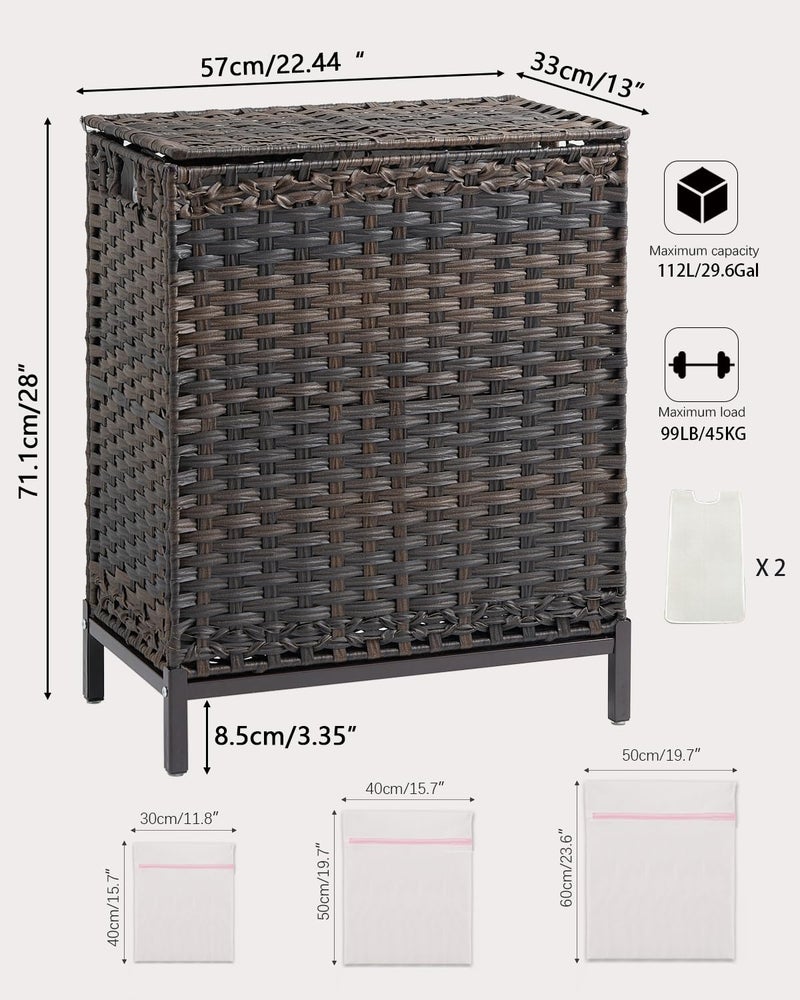 SETVSON Laundry Hamper with Lid, 112 L Handwoven Rattan Wicker Laundry Basket, 2 Removable Liner Bags Metal Heightened Feet, 6 Mesh Bags, 2 Section Large Clothes Hamper for Bathroom Bedroom, Brown - Image 5