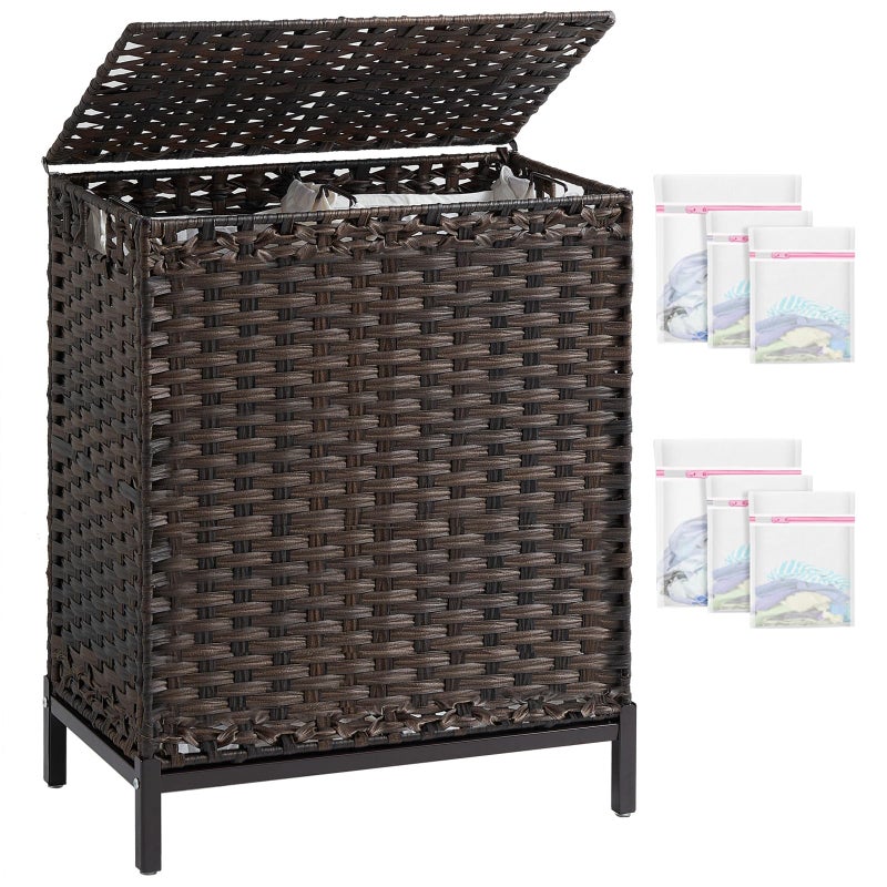 SETVSON Laundry Hamper with Lid, 112 L Handwoven Rattan Wicker Laundry Basket, 2 Removable Liner Bags Metal Heightened Feet, 6 Mesh Bags, 2 Section Large Clothes Hamper for Bathroom Bedroom, Brown - Image 1