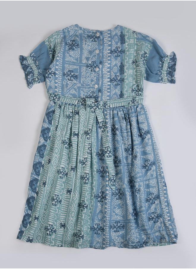 BELLA MODA - All-Over Print Fit and Flare Round Neck Dress with Short Sleeves by Styli - Image 1