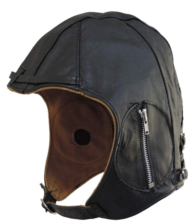 Unik Aviator Black Leather Motorcycle Helmet Cap Vintage WWII Hat Large - Image 2