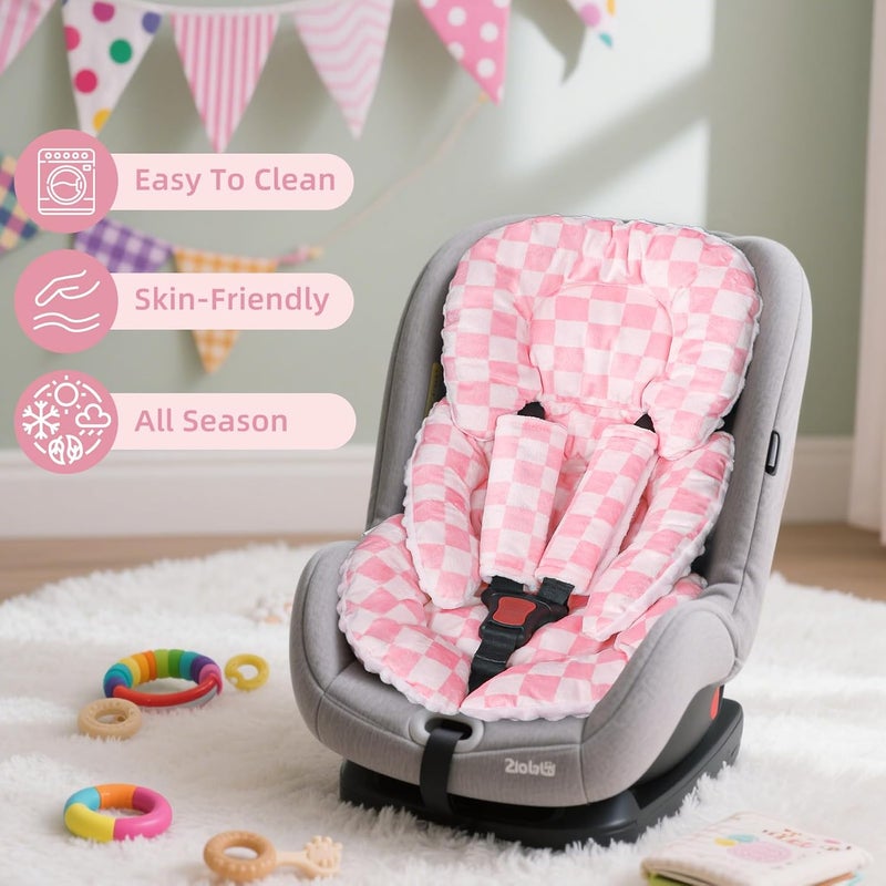 DAYEEBALL Infant Car Seat Insert Cushion Baby Car Seat Head Body Support for Girls  Boys Reversible Newborn Car Seat Insert with 2 Extra Strap Paddings Premature Car Seat Cushion Pink Checkerboard - Image 4
