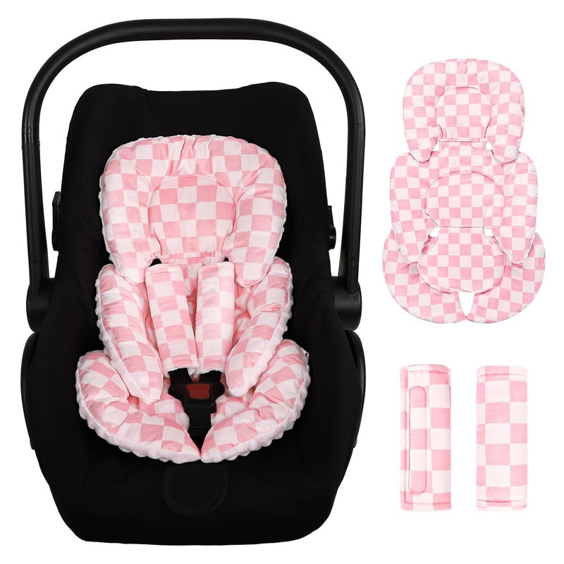 DAYEEBALL Infant Car Seat Insert Cushion Baby Car Seat Head Body Support for Girls  Boys Reversible Newborn Car Seat Insert with 2 Extra Strap Paddings Premature Car Seat Cushion Pink Checkerboard - Image 1