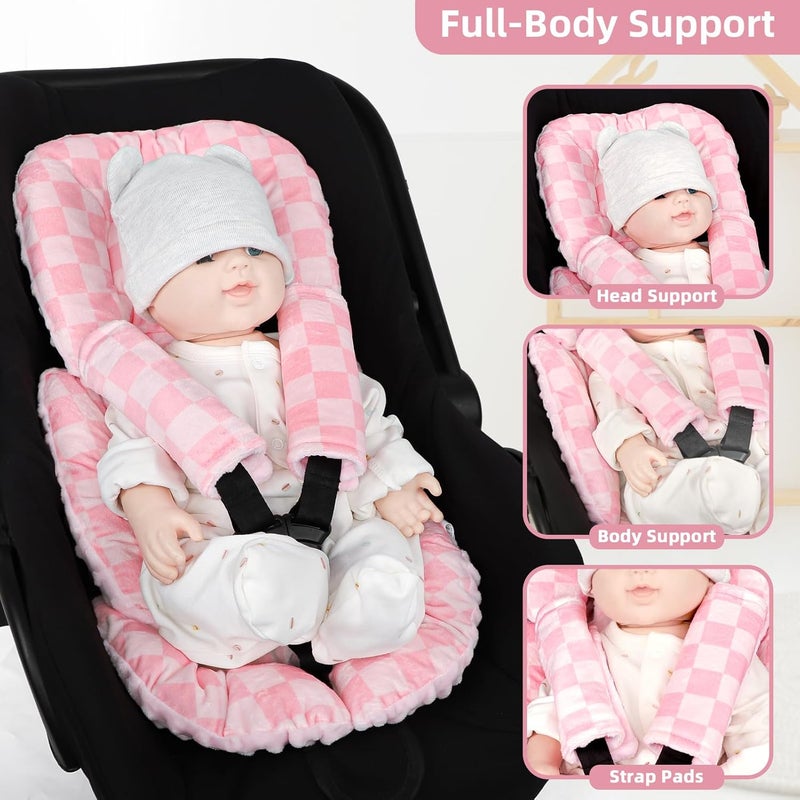 DAYEEBALL Infant Car Seat Insert Cushion Baby Car Seat Head Body Support for Girls  Boys Reversible Newborn Car Seat Insert with 2 Extra Strap Paddings Premature Car Seat Cushion Pink Checkerboard - Image 5