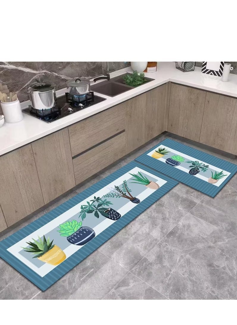 LESTER LESTER Oil-Proof Non-Slip Kitchen Mat Super Absorbent kitchen Carpet Quick Drying, Kitchen Rug, Non-slip Entrance Doormat, Diatom Leather Floor Mats Home Decor Set plants Design Blue 40X60x40X120cm  - Image 1