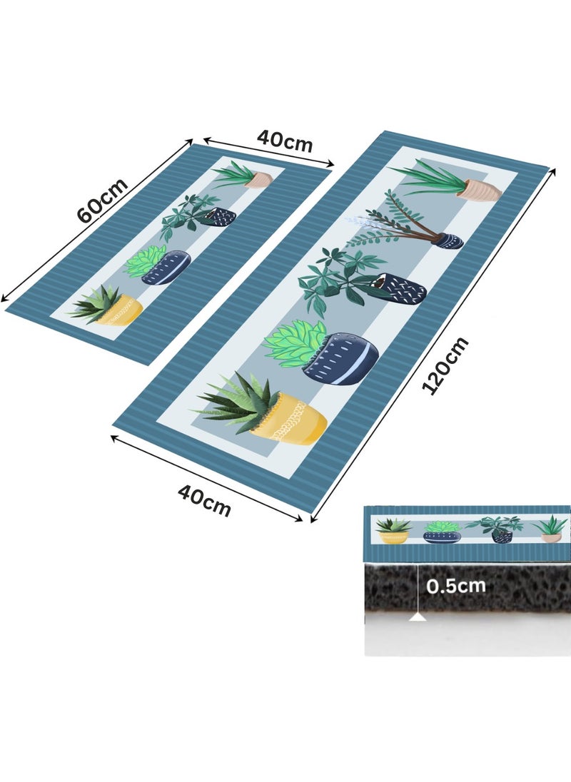 LESTER LESTER Oil-Proof Non-Slip Kitchen Mat Super Absorbent kitchen Carpet Quick Drying, Kitchen Rug, Non-slip Entrance Doormat, Diatom Leather Floor Mats Home Decor Set plants Design Blue 40X60x40X120cm  - Image 2