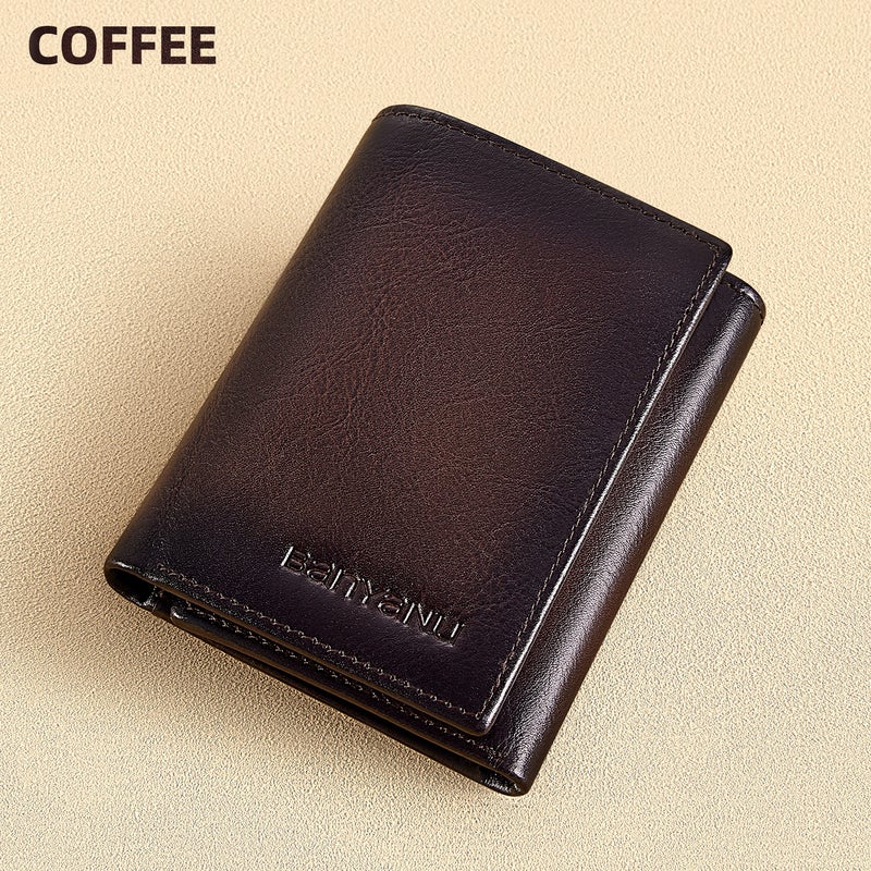 banyanu Men's Genuine Leather Tri-Fold Wallet with ID Window, 11 Card Slots, and 2 Bill Pockets; RFID Anti-Theft; Coffee-Colored Leather Lining - Image 1