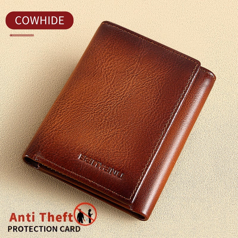 banyanu Men's Genuine Leather Tri-Fold Wallet with ID Window, 11 Card Slots, and 2 Bill Pockets; RFID Anti-Theft; Coffee-Colored Leather Lining - Image 2