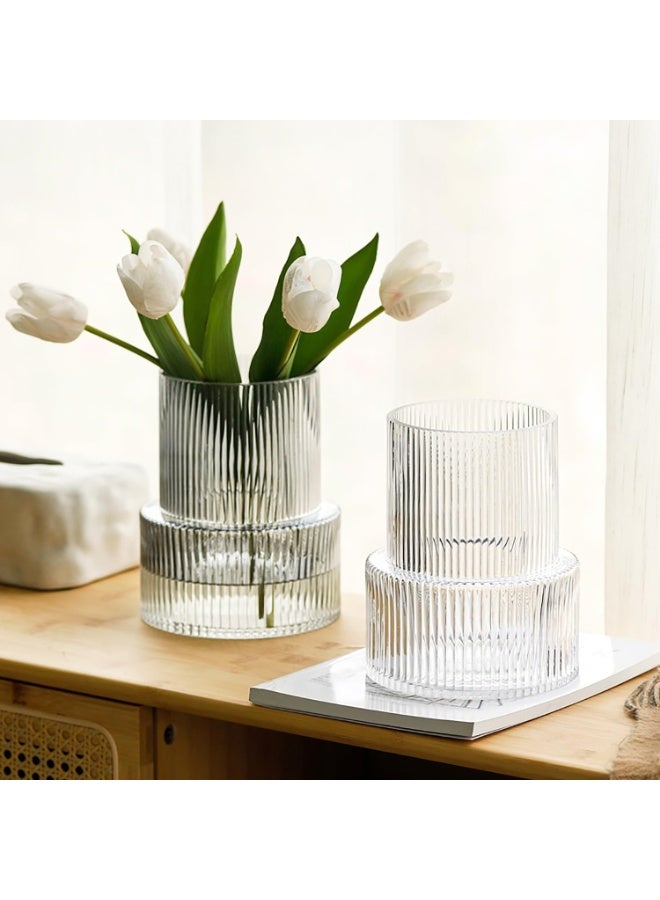 Y&D Clear Glass Vase, Ribbed Vase, Fluted Glass Vase, Flower Vase, Modern Vase for Centerpiece, Ribbed Glass Vase for Living Room, Dining Table, Entryway, Mantle, Shelf, Wedding, Office - Image 2