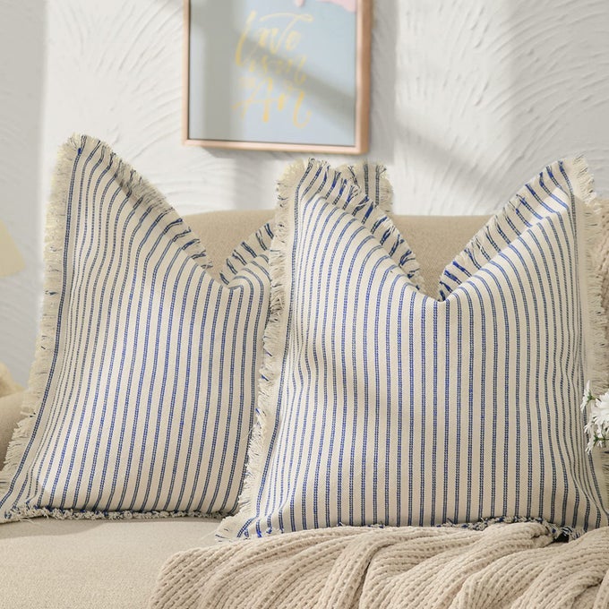 THROW PILLOW COVERS 20X20 SET OF 2 STRIPED PILLOW COVERS WITH FRINGE CHIC COTTON DECORATIVE PILLOWS SQUARE CUSHION COVERS FOR SOFA COUCH BED LIVING ROOM FARMHOUSE DECOR BLUE