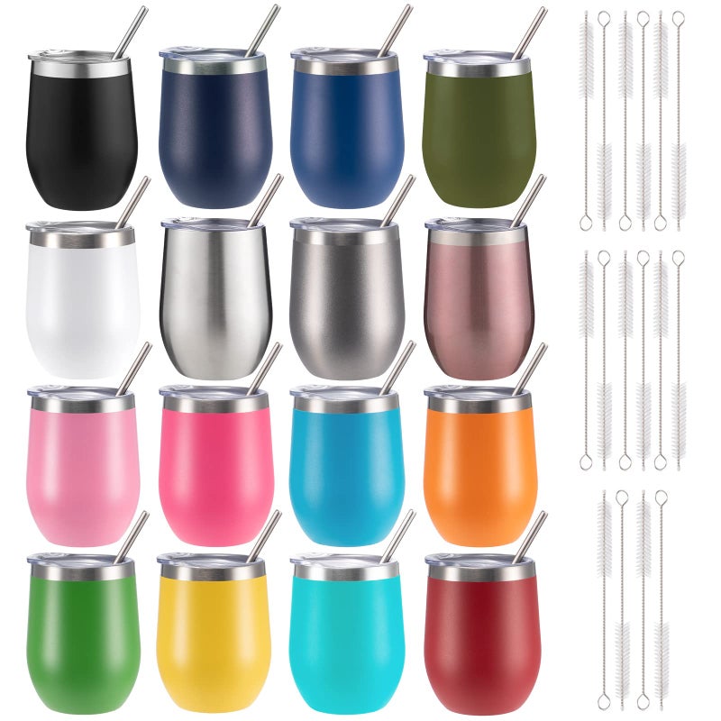 FristChoice 12 Oz Insulated Wine Tumbler With Lid And Straw Stainless Steel Stemless Wine Tumbler Glasses 16 Packs Double Wall Vacuum Wine Cups Tumbler Bulk For Champaign Beer Cocktail Office 16 Colors - Image 1