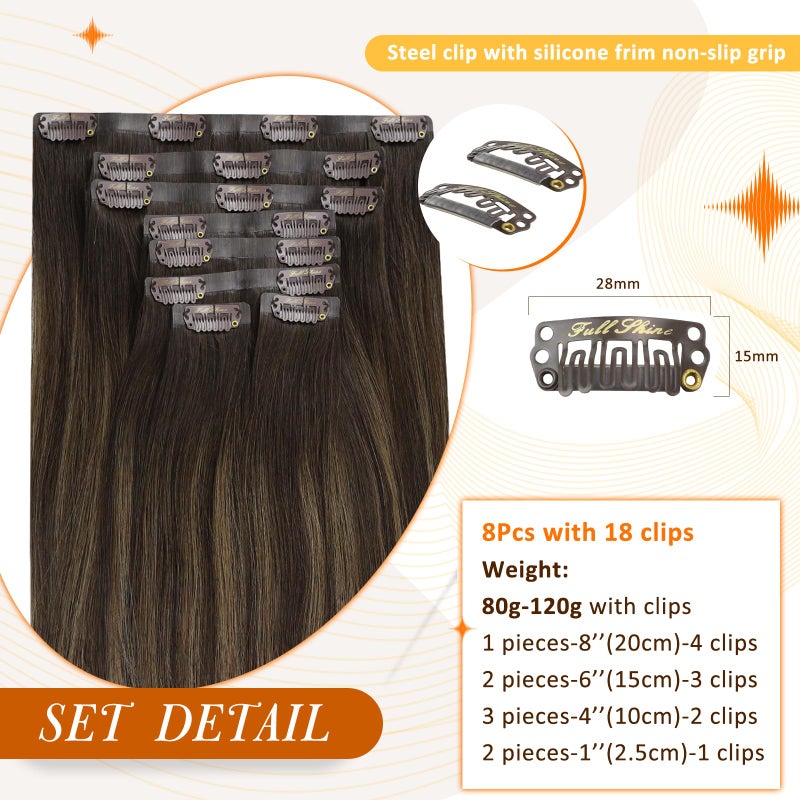 Full Shine Human Hair Clip in Extensions Balayage Dark Brown to Ash Brown Highlights Hair Extension Clip ins with Thick Ends for Women 18 Inch 120 Grams 8 PCS - Image 2
